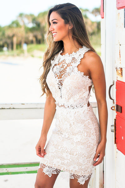 Ivory and Nude Crochet Short Dress with Strappy Back