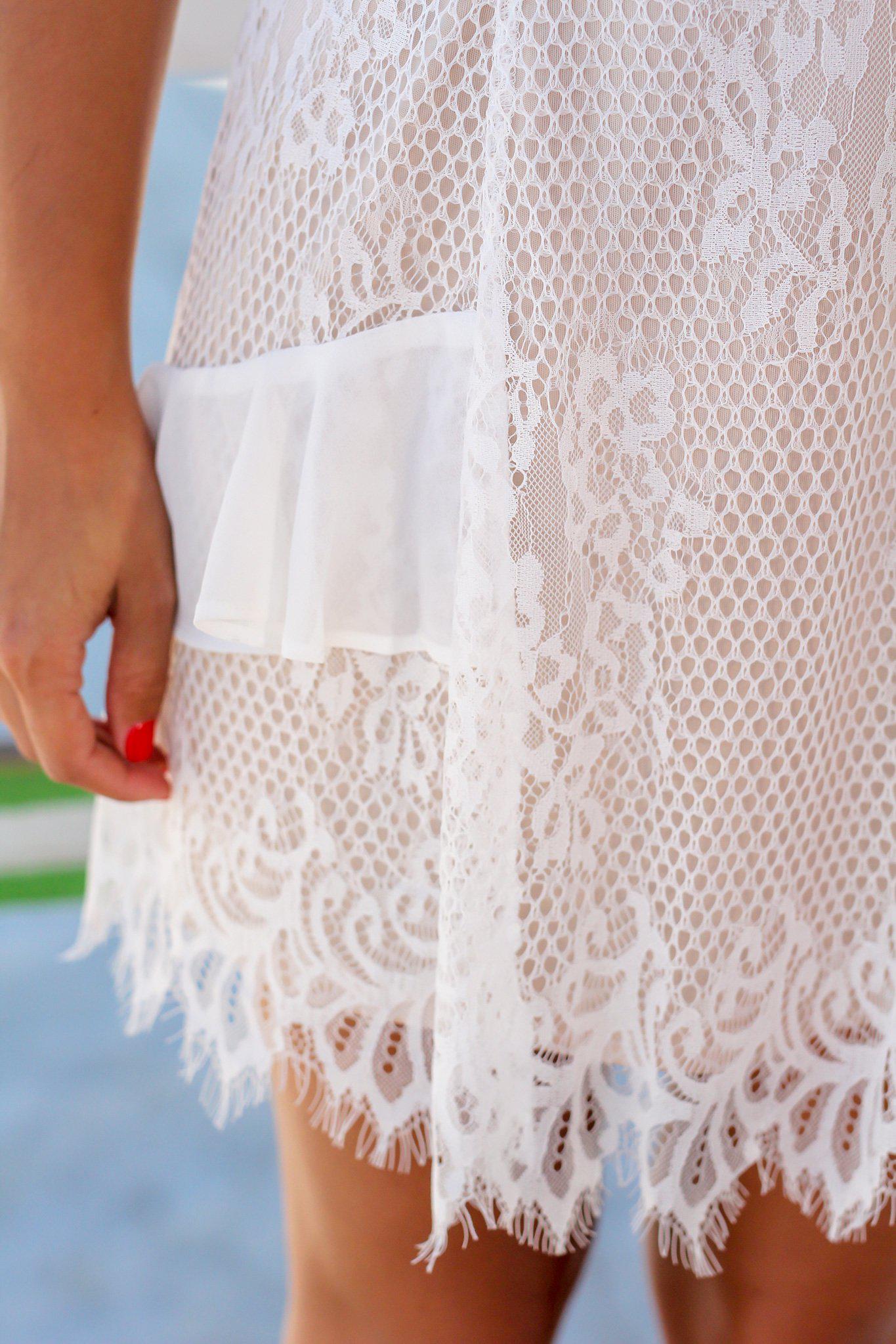 Ivory and Nude Lace Off Shoulder Short Dress with Ruffles