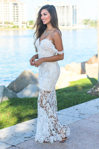 Ivory and Nude Off Shoulder Maxi Dress