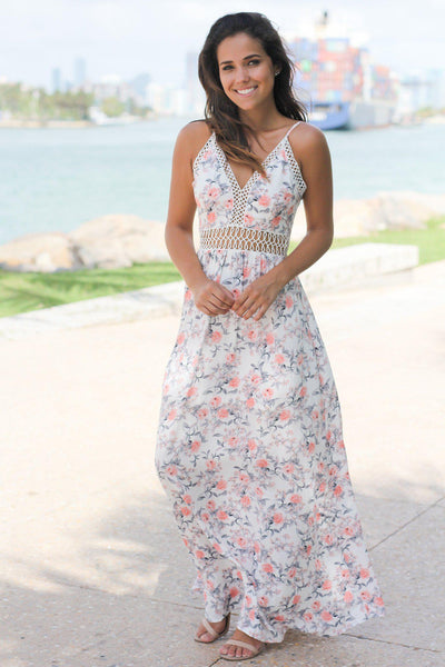 Ivory and Peach Floral Maxi Dress with Crochet Detail
