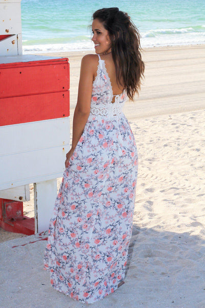 Ivory and Peach Floral Maxi Dress with Lace Waist Detail