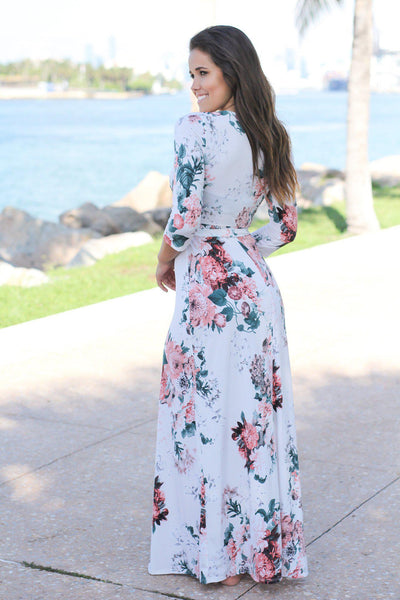 Ivory and Peach Floral Wrap Maxi Dress with 3/4 Sleeves