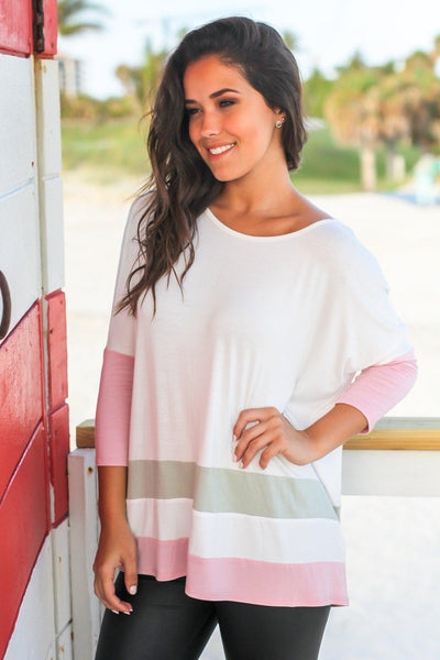 Ivory and Pink Color Block Top with 3/4 Sleeves