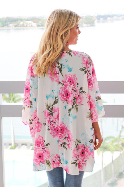Ivory and Pink Floral Kimono