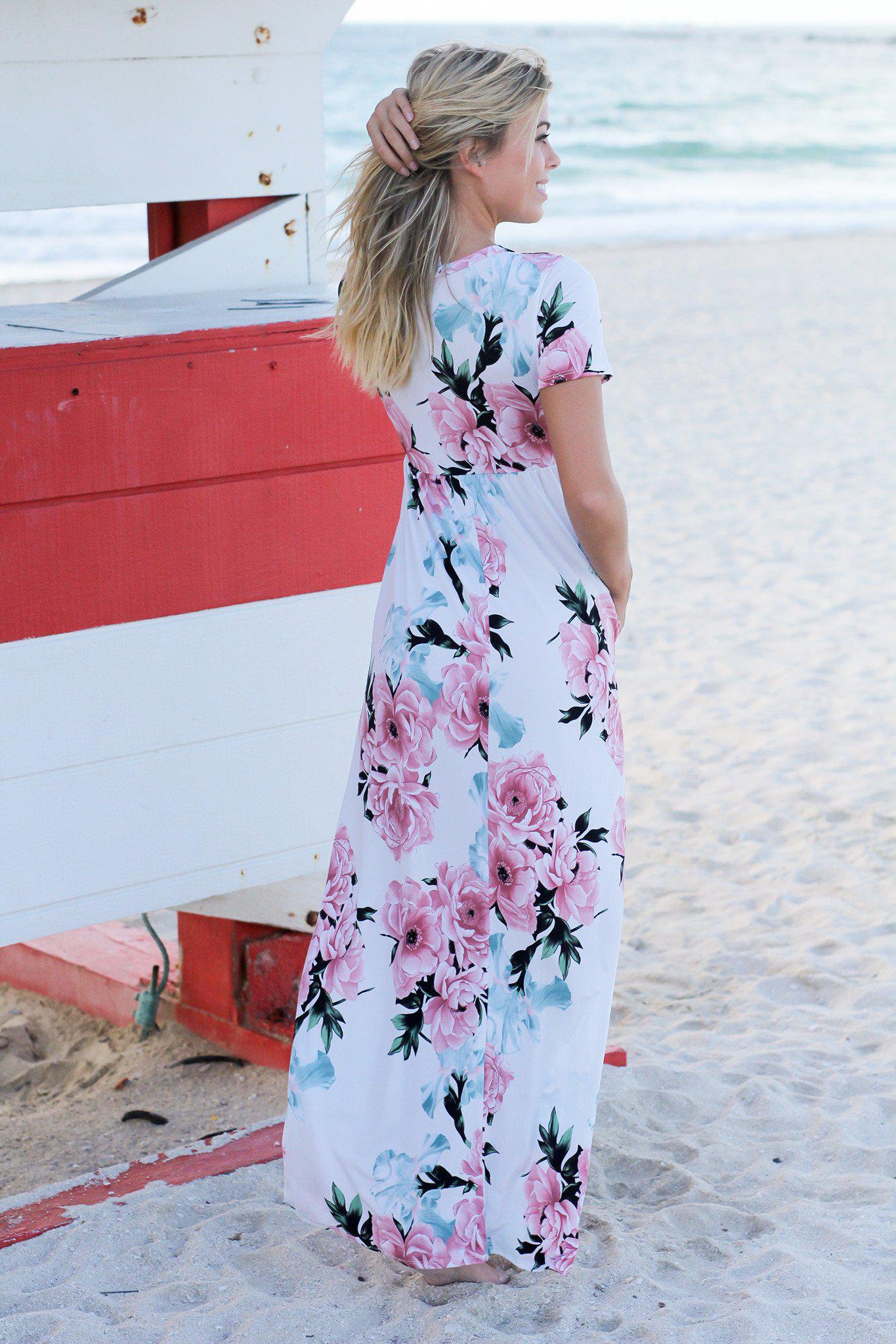 Ivory and Pink Floral Maxi Dress with Short Sleeves