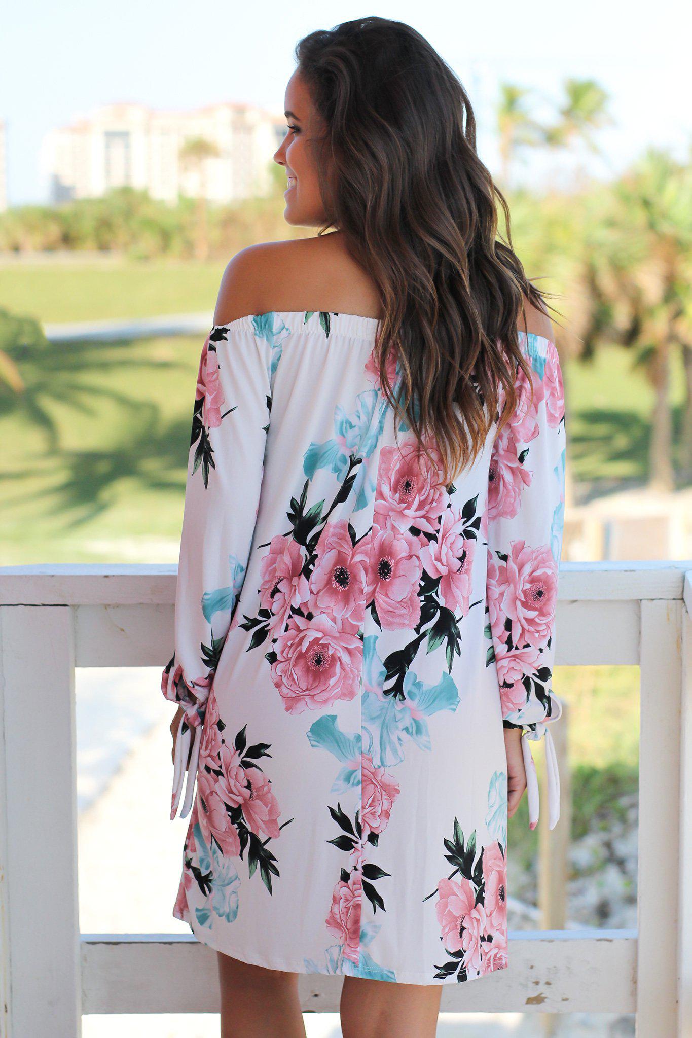 Ivory and Pink Floral Off Shoulder Short Dress