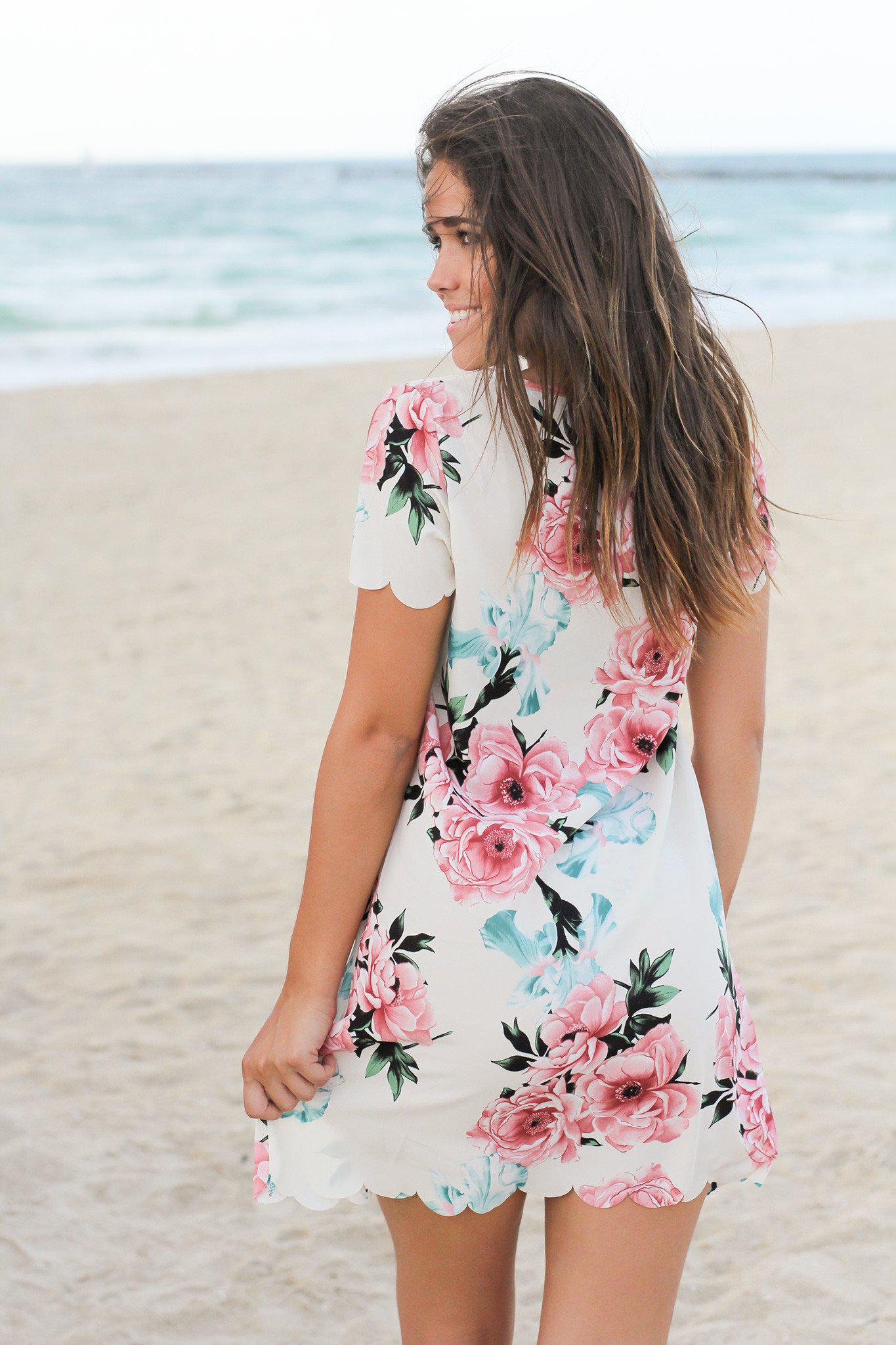 Ivory and Pink Floral Scalloped Short Dress
