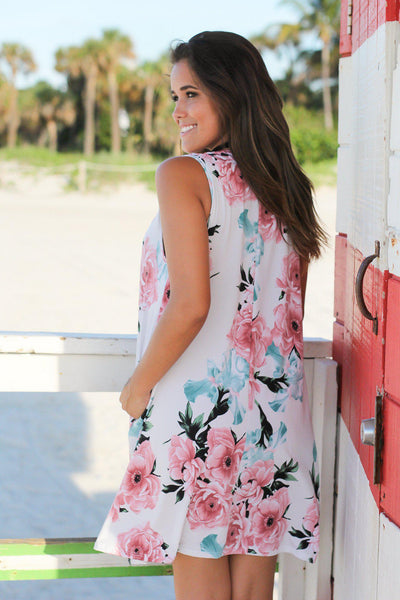 Ivory and Pink Floral Short Dress