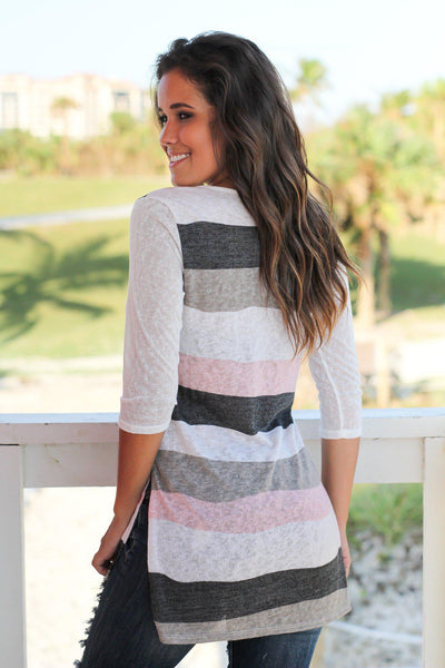 Ivory and Pink Striped V-Neck Top
