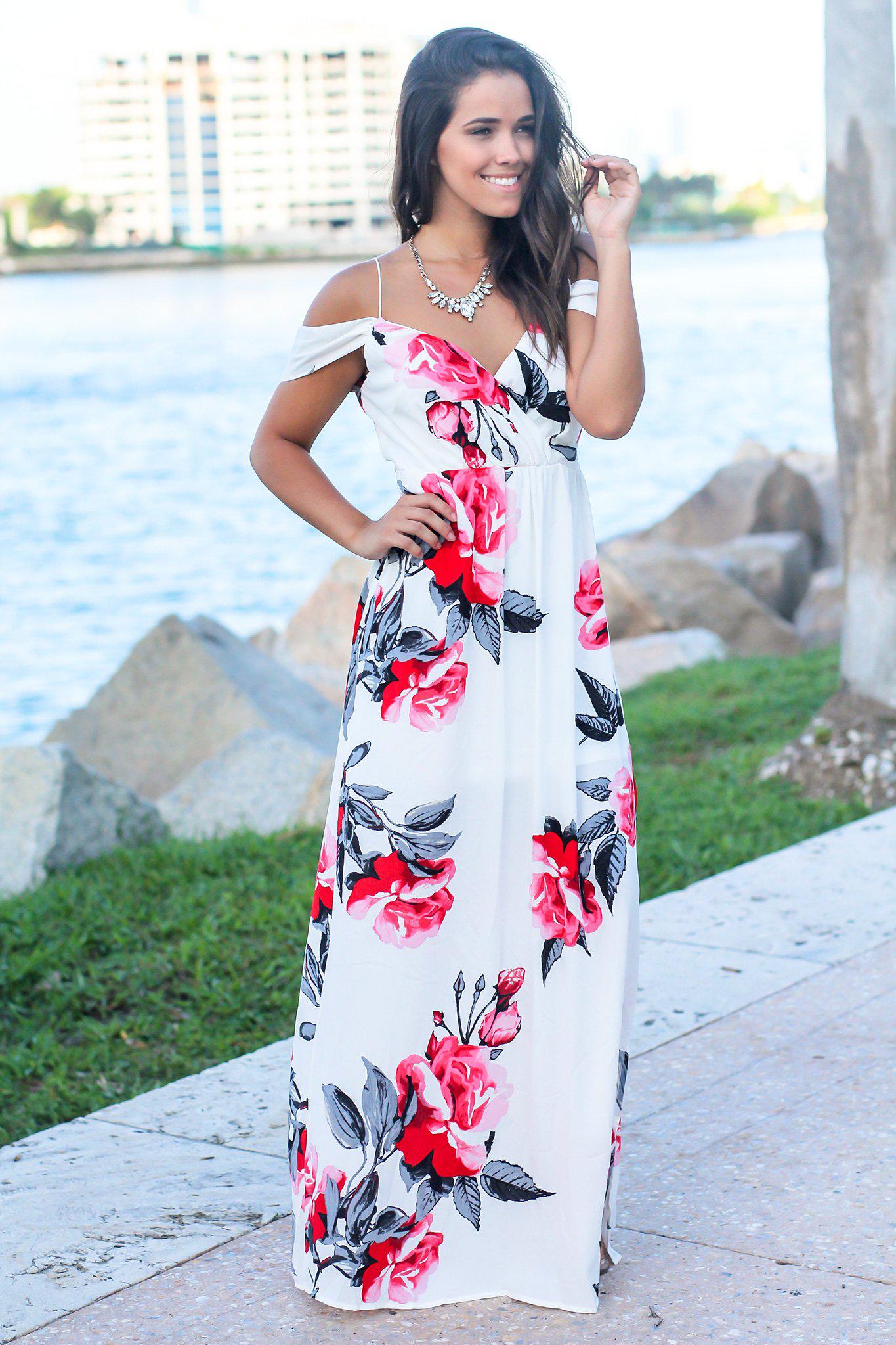 Ivory and Red Floral Maxi Dress