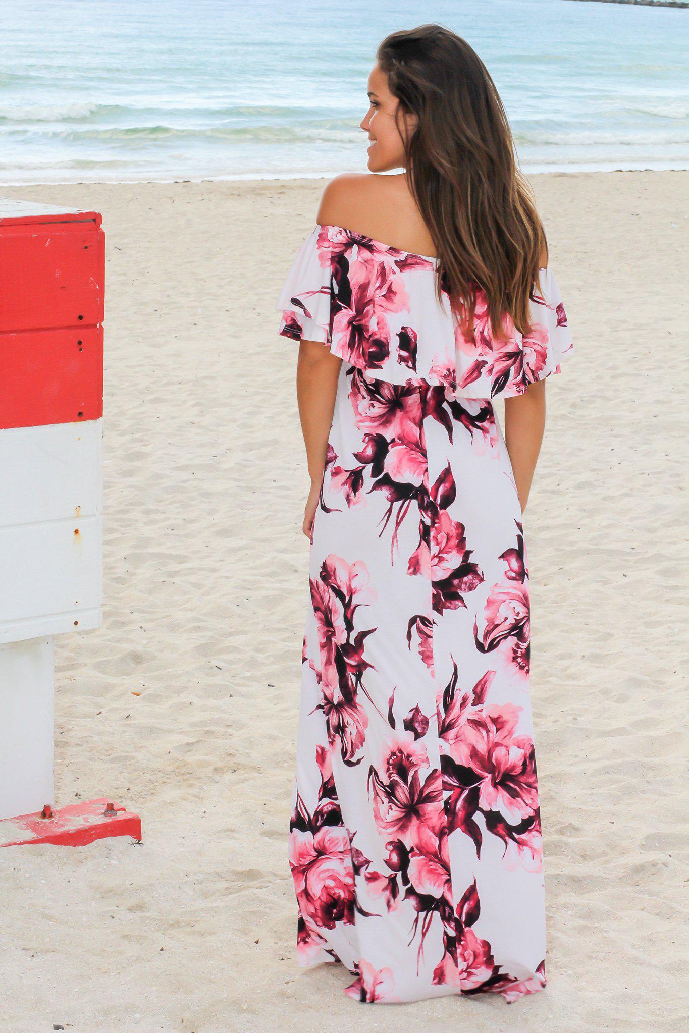 Ivory and Red Floral Off Shoulder Maxi Dress