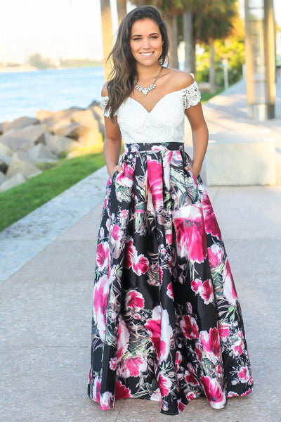 Ivory and Rose Off Shoulder Floral Maxi Dress with Crochet Top