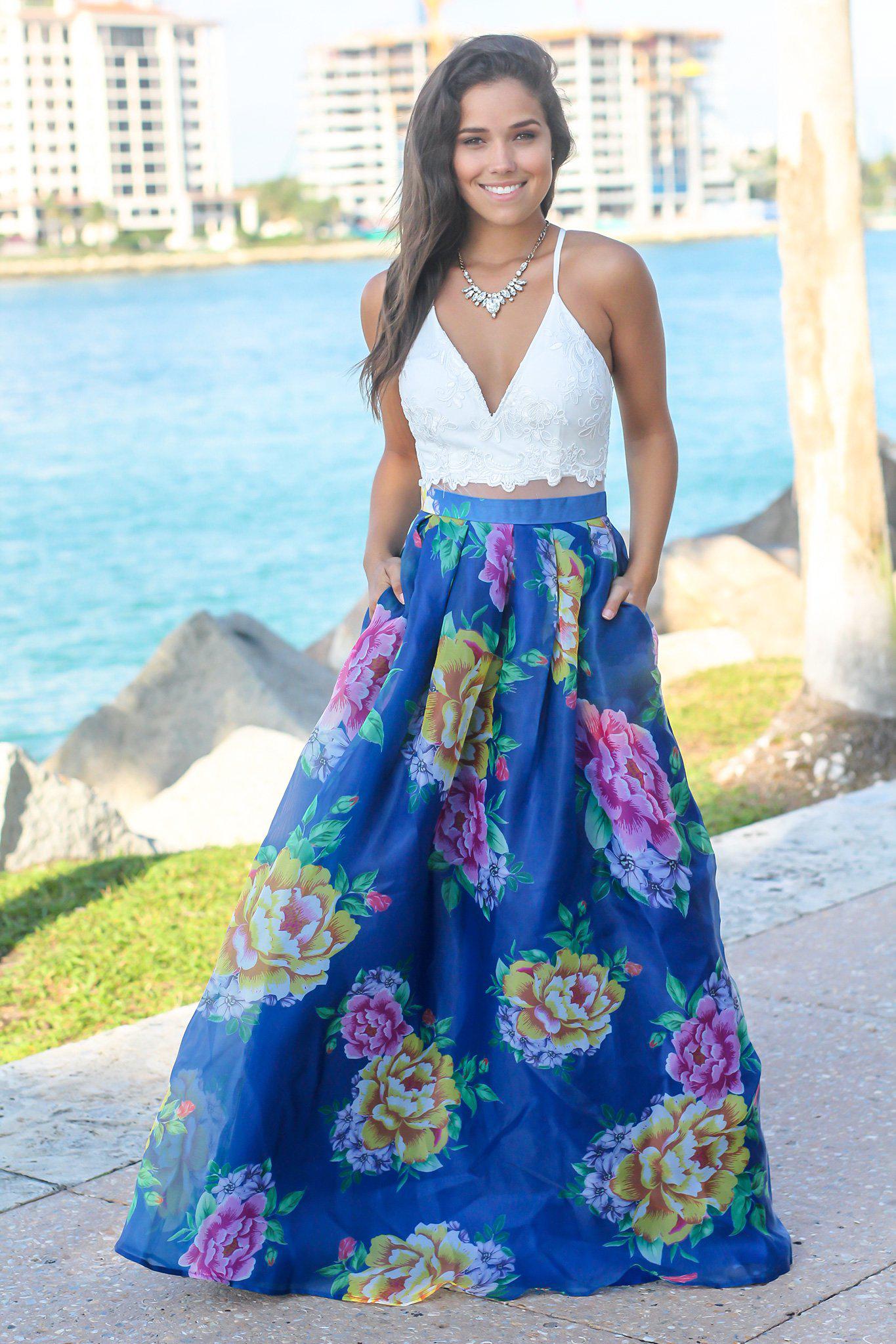 Ivory and Royal Blue Floral Maxi Dress with Criss Cross Back