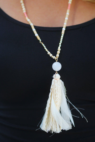 Ivory Wooded Tassel Necklace