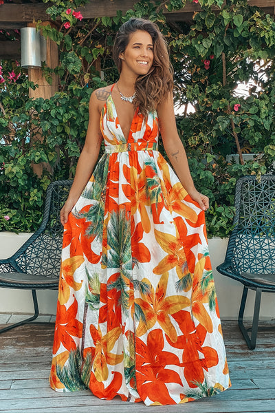 Lifestyle white and orange tropical maxi dress