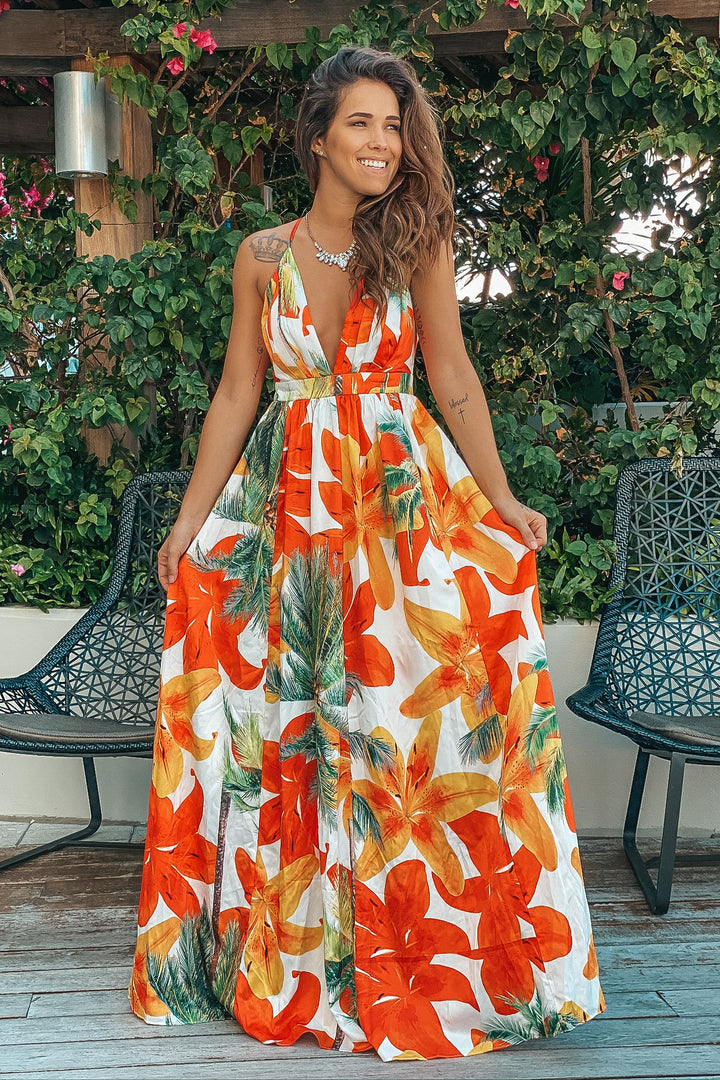 White and Orange Tropical Maxi Dress