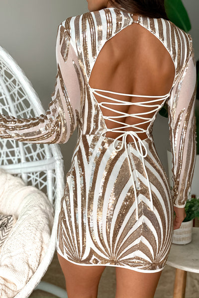 Ivory and Gold Strappy Back Short Dress with Sequins