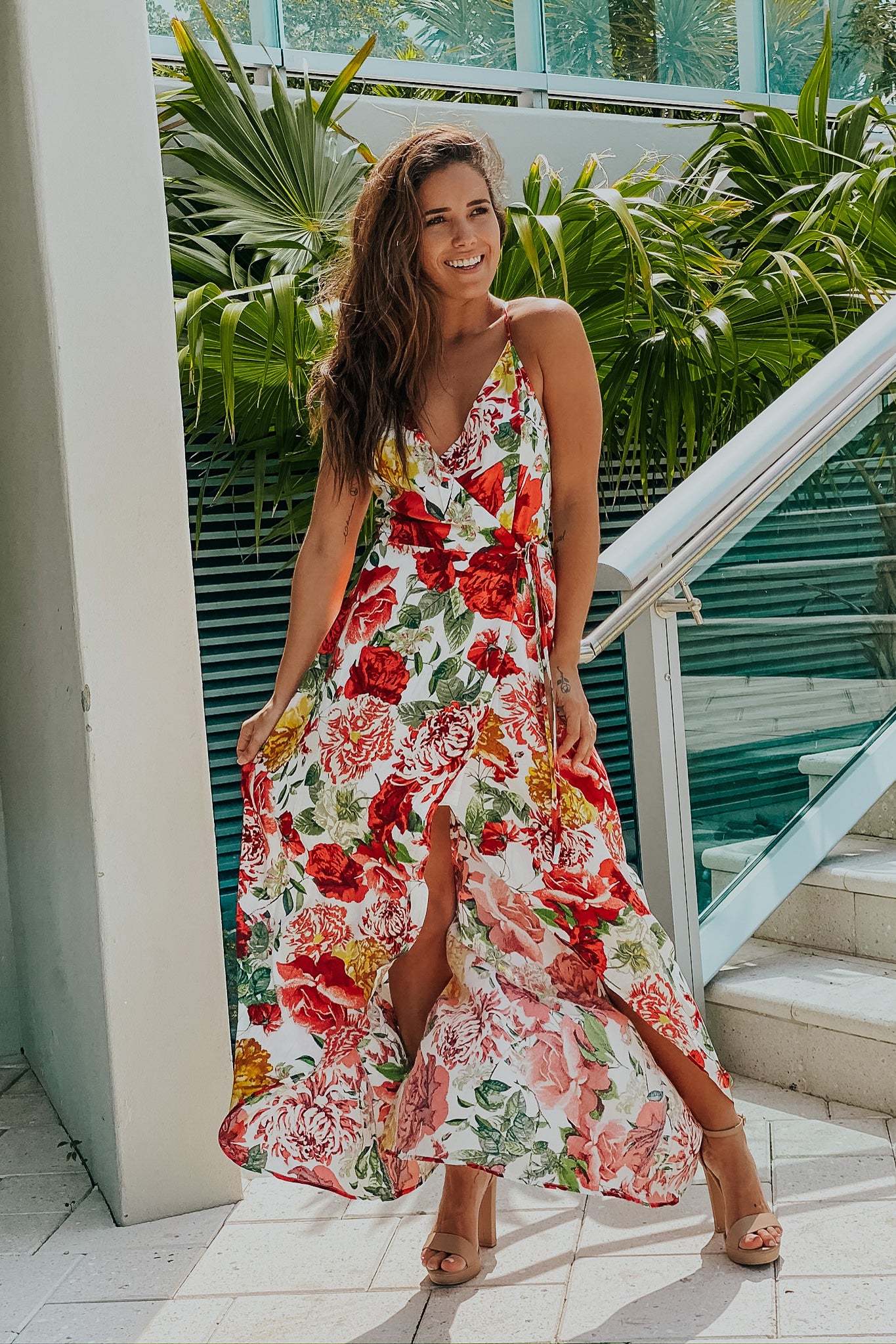 Lifestyle ivory and red floral wrap dress