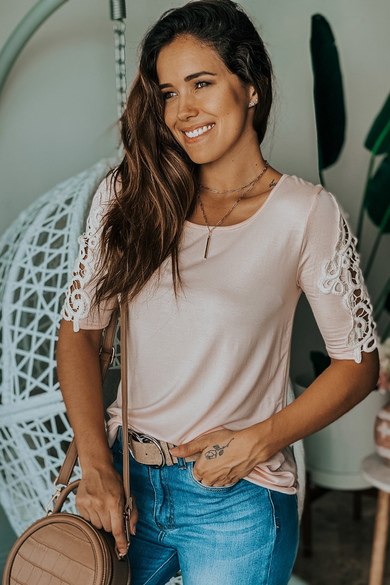 light rose top with crochet sleeves