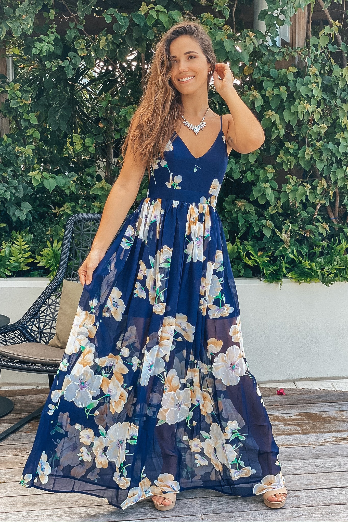 Lifestyle Navy V-Neck Floral Maxi Dress With Open Back