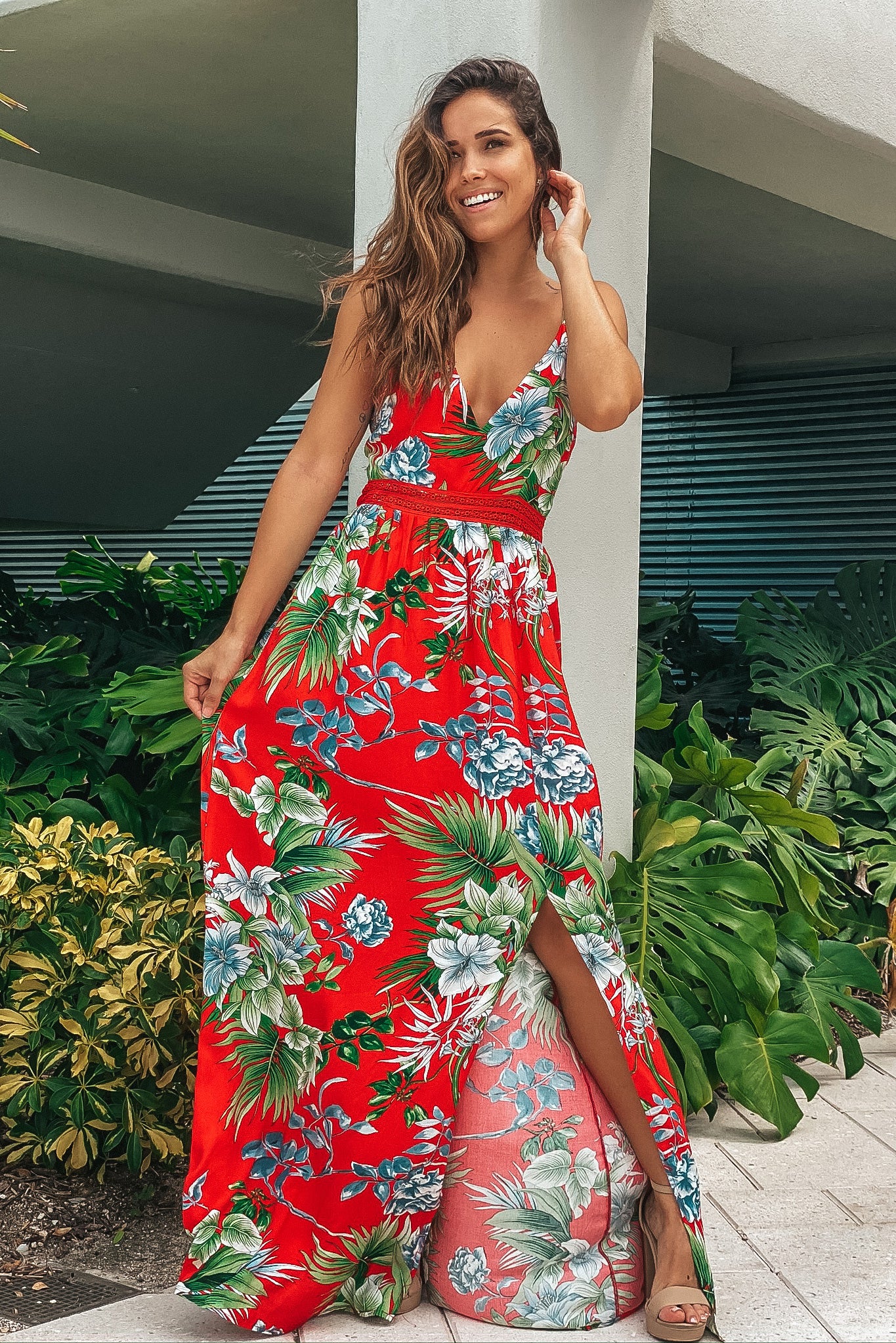 Red Floral Maxi Dress with Open Back