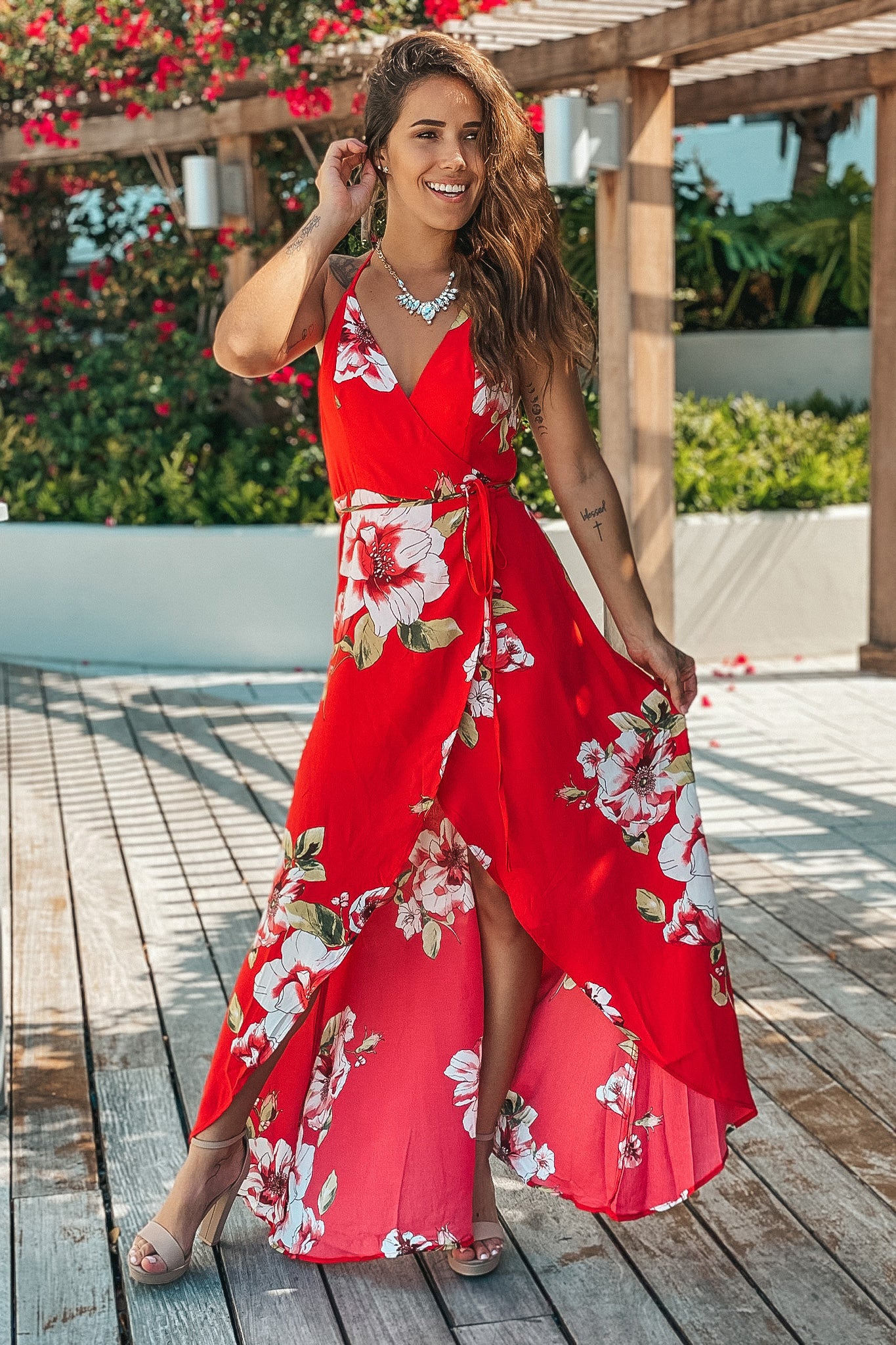Lifestyle red floral high low wrap dress