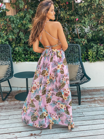 Dusty Pink Tropical Maxi Dress with Cutouts