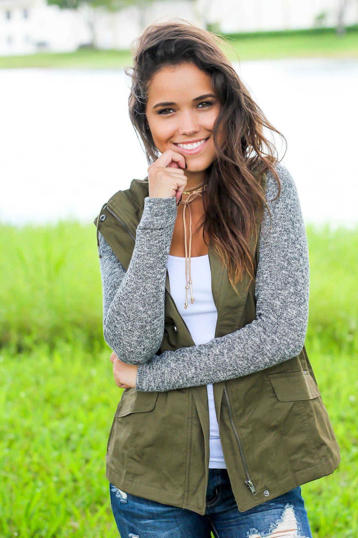 Olive Jacket with Gray Hood and Sleeves | Jackets – Saved by the Dress