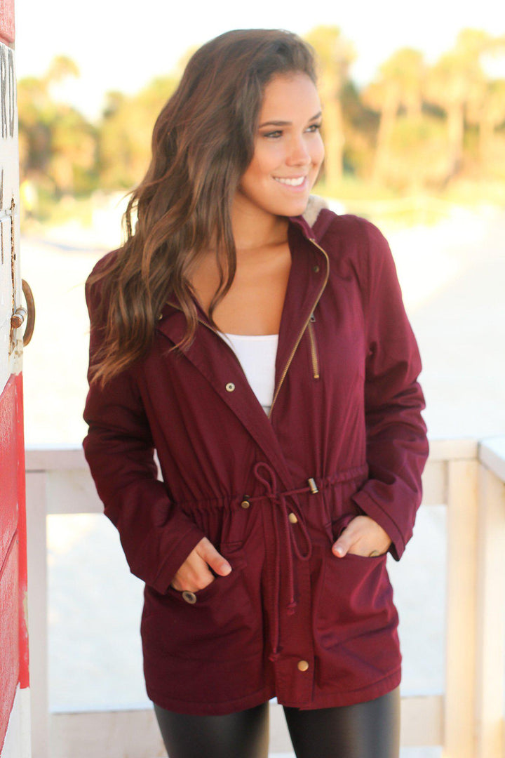 Burgundy Jacket with Fur Lined Hood