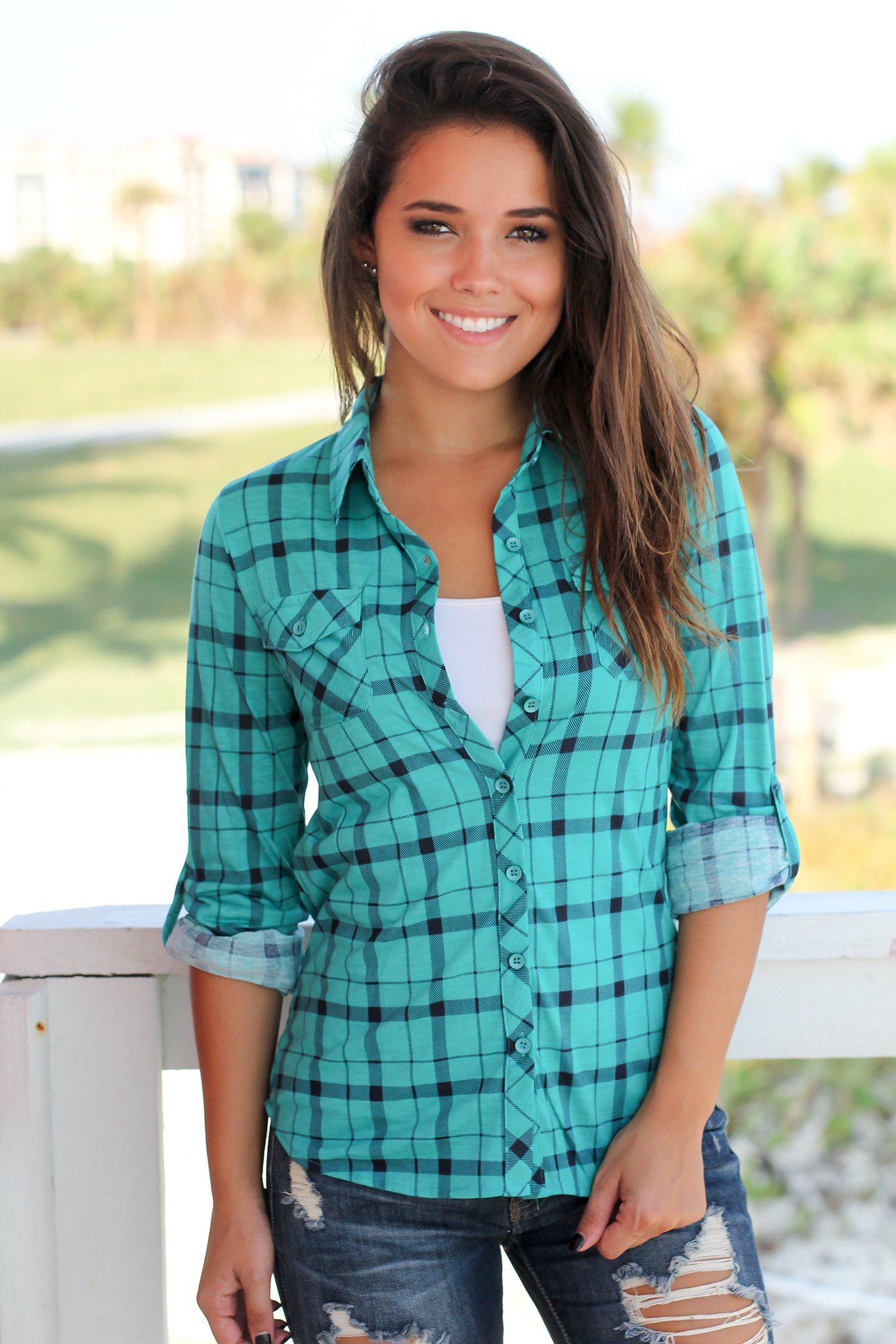 Jade and Navy Plaid Top