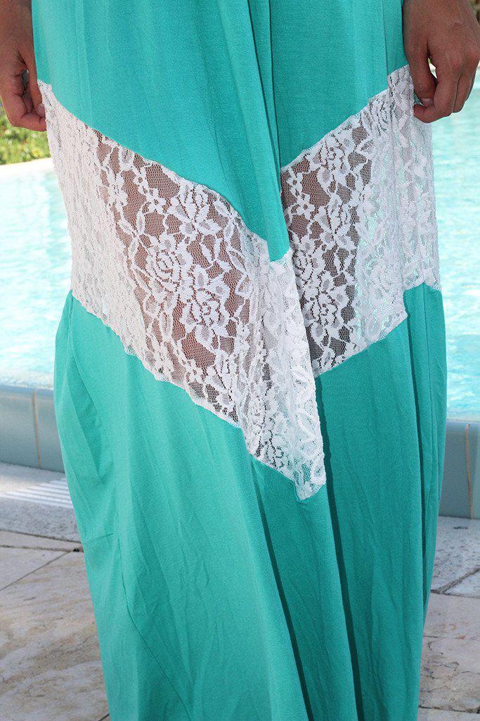 Jade and White Chevron Maxi Dress with Lace