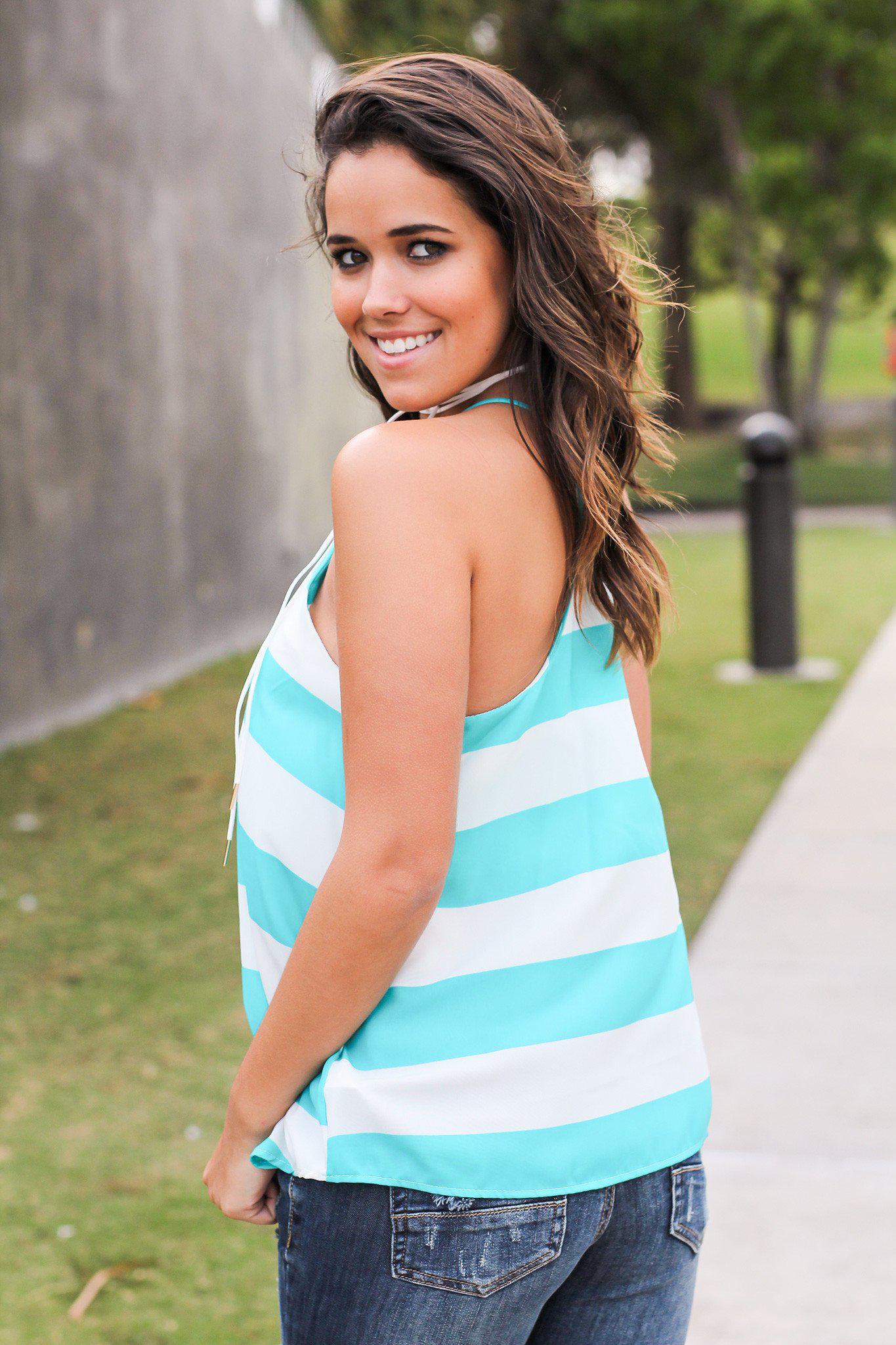 Jade and White Striped V-Neck Top
