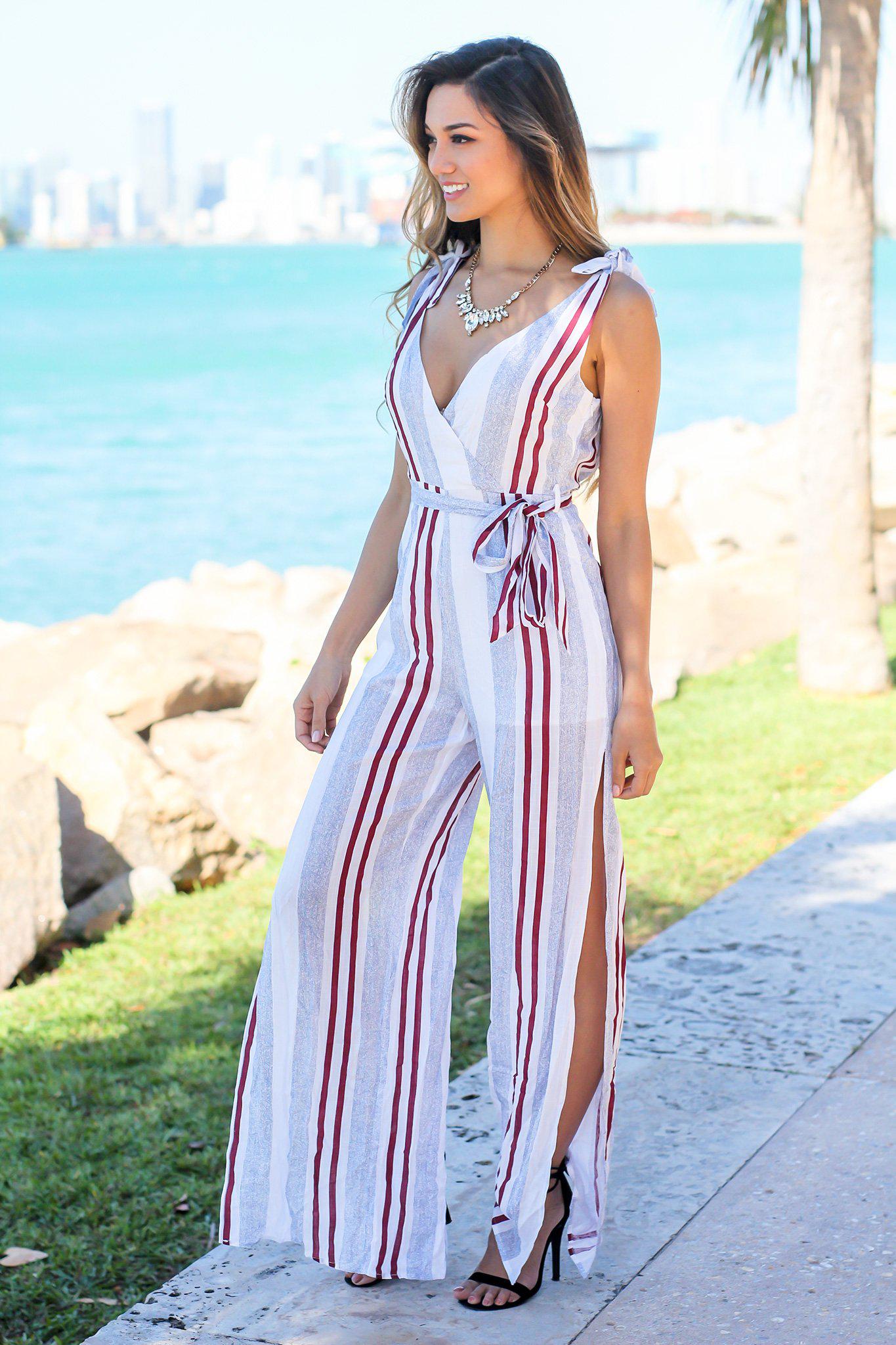 Blue Striped Jumpsuit with Side Slits Jumpsuits Saved by the Dress