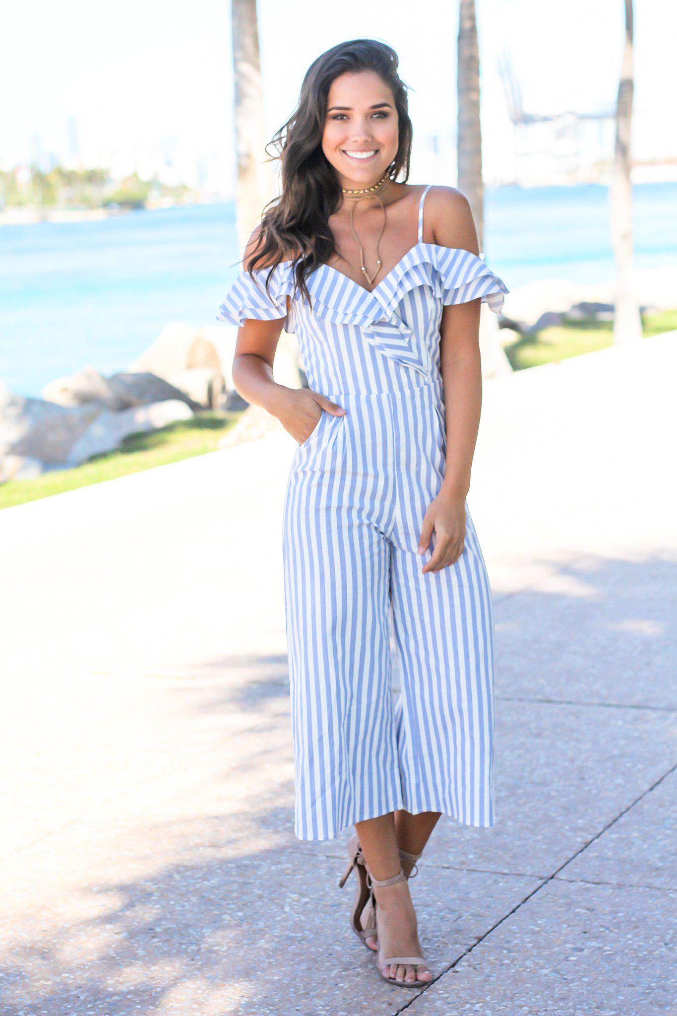 Blue and White Striped Ruffle Jumpsuit | Jumpsuits – Saved by the Dress