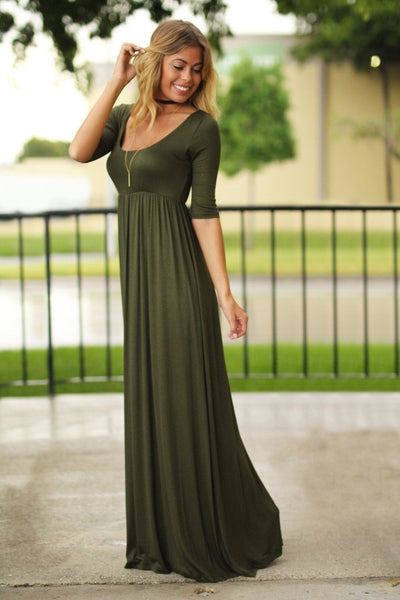 Olive Maxi Dress with Mid-Sleeves