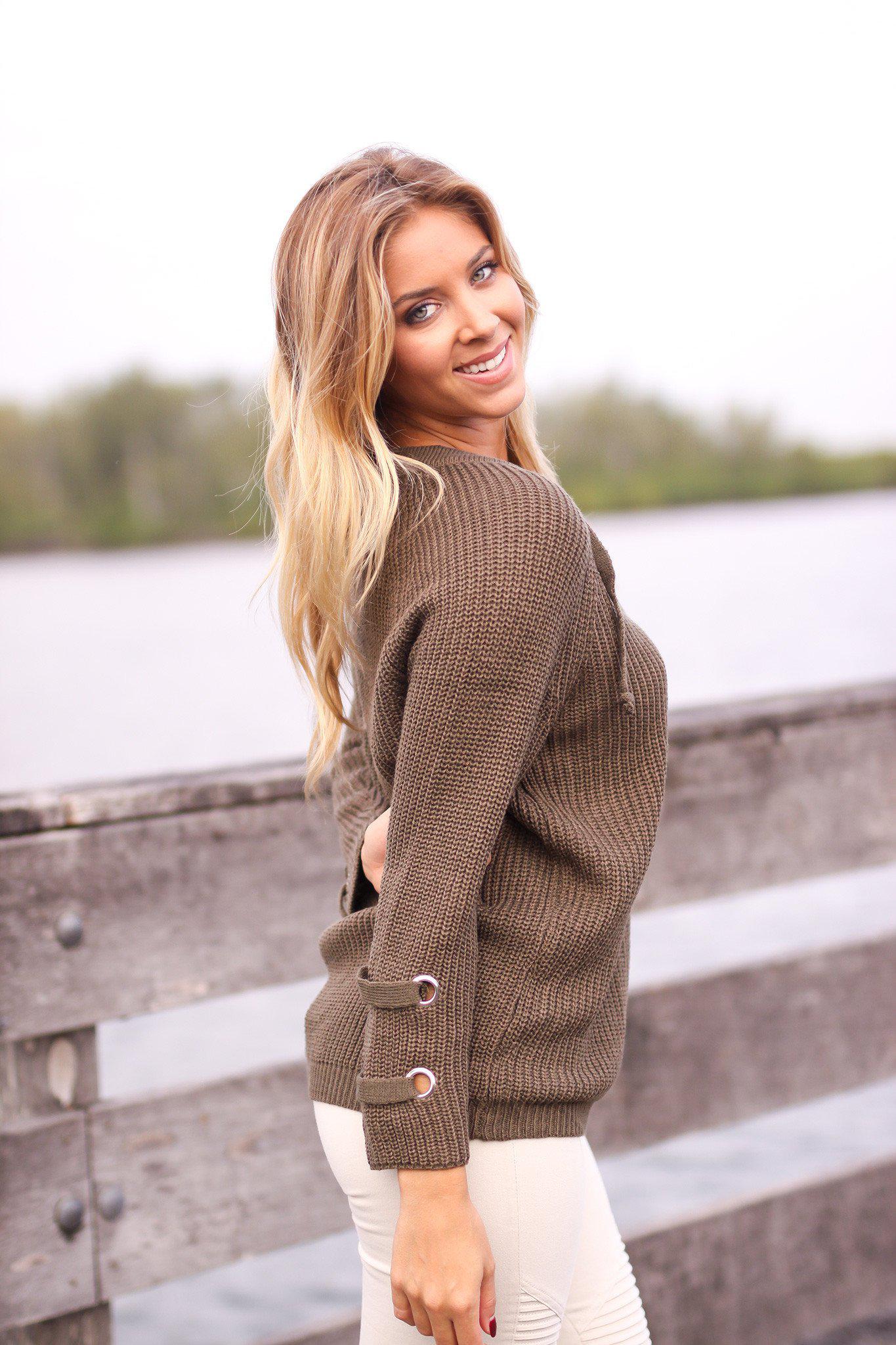 Dark Olive Lace Up Sweater