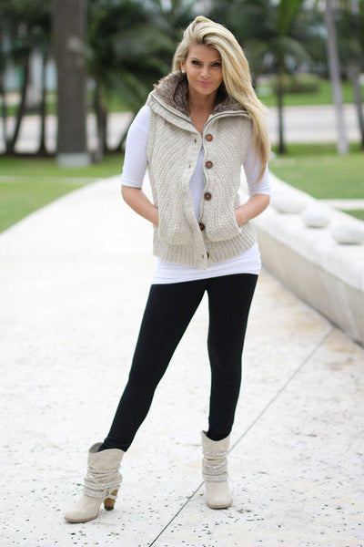 Khaki Fur Sweater Vest With Hood