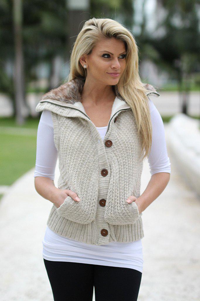 Khaki Fur Sweater Vest With Hood