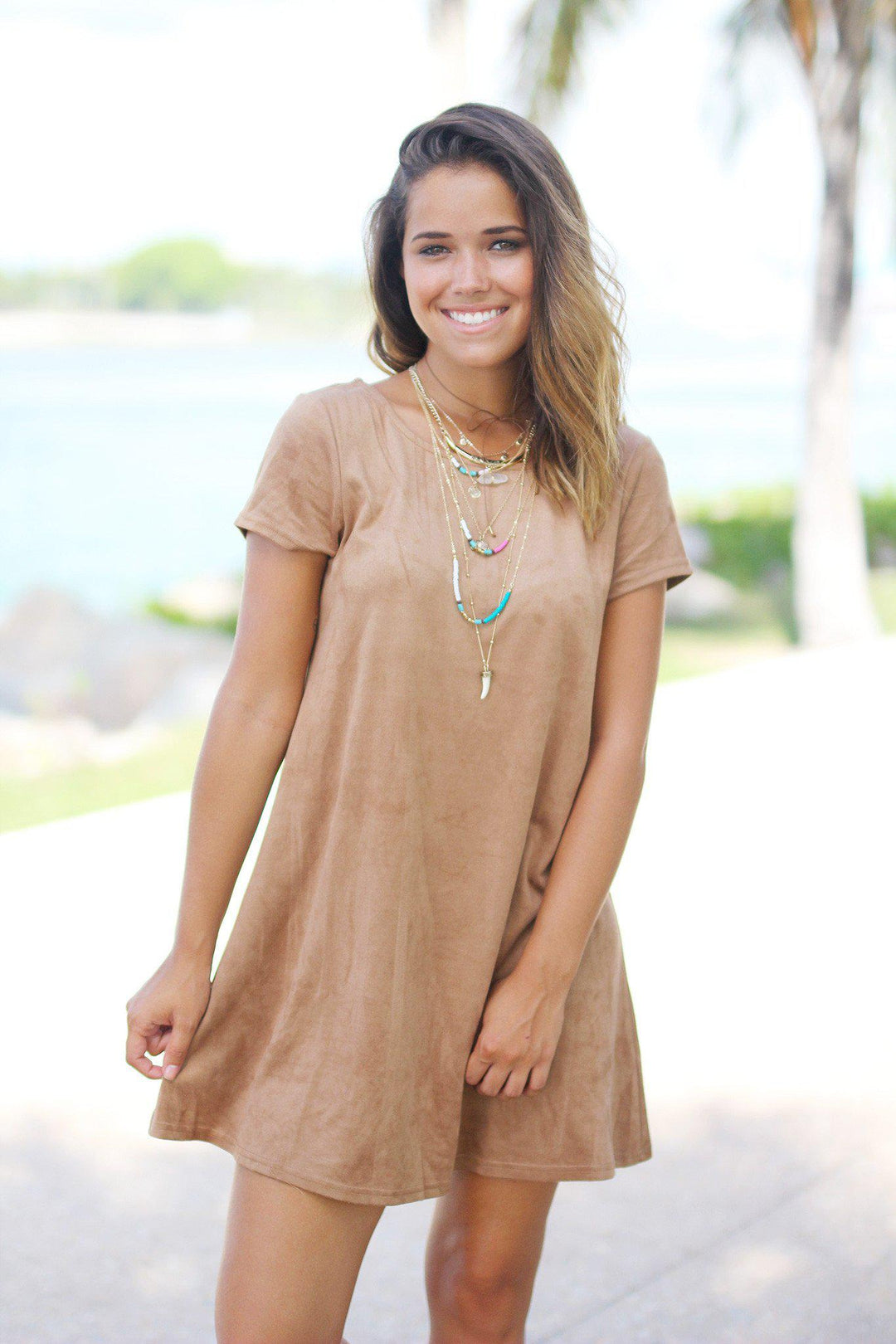 suede off the shoulder dress Khaki Suede Short Dress | Suede Dress