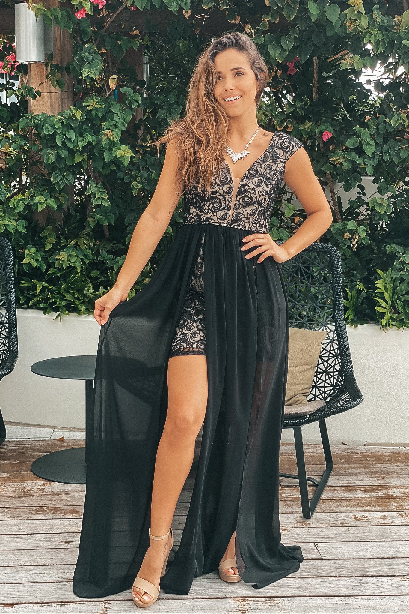 Lifestyle black floral embroidered maxi dress with slits