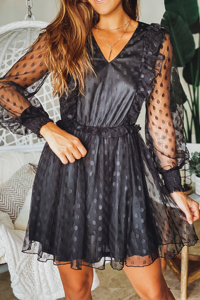 Lifestyle black mesh polka dot short dress