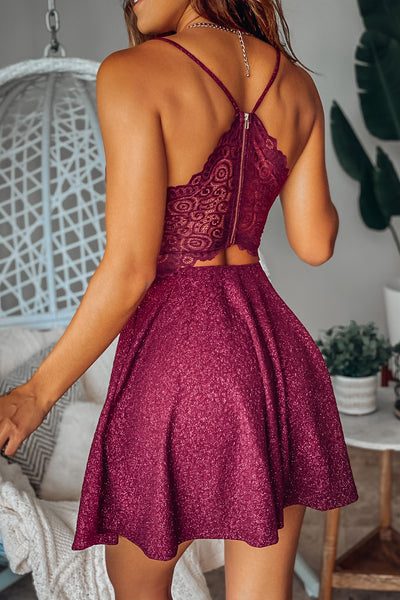 Lifestyle burgundy glitter short dress lace back