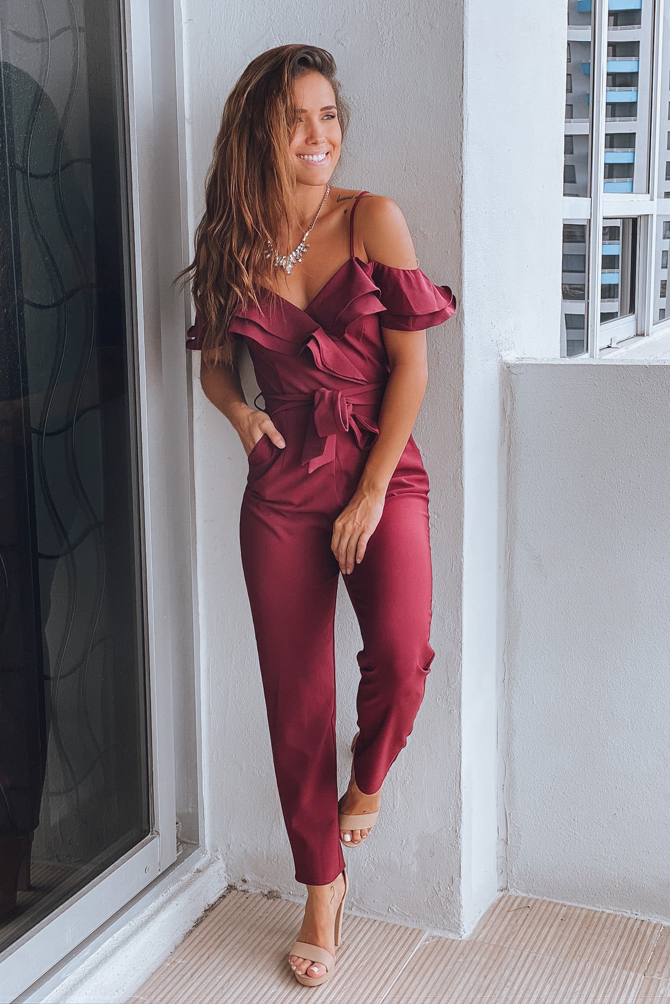 Lifestyle burgundy jumpsuit with ruffled top