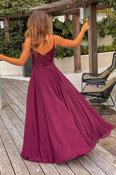 Lifestyle burgundy maxi dress with embroidered back and button detail