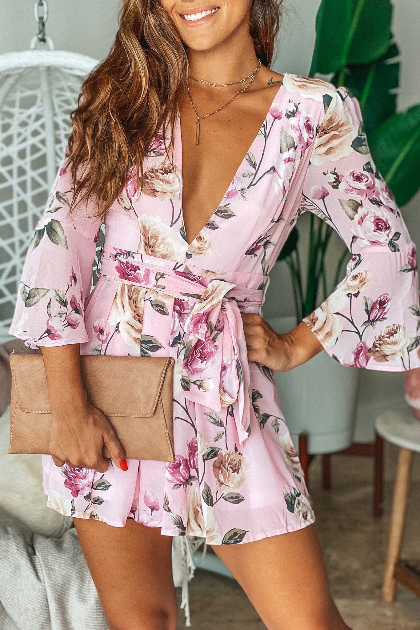 Lifestyle dusty pink floral romper