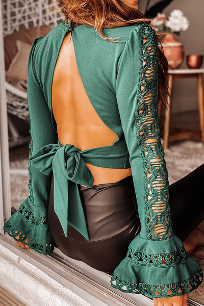 Lifestyle forest green long sleeve crop top