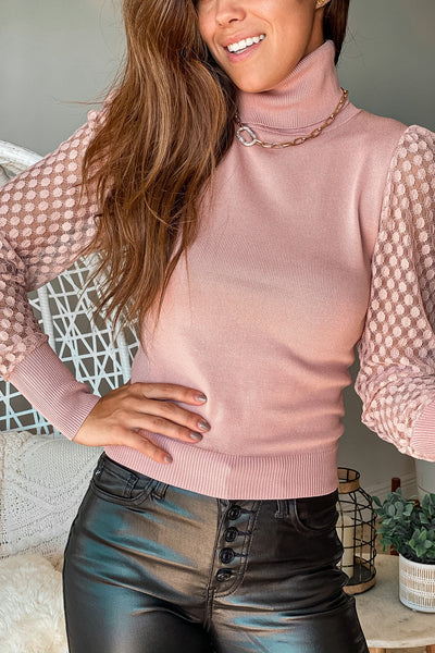 Lifestyle mauve turtleneck top with mesh sleeve detail
