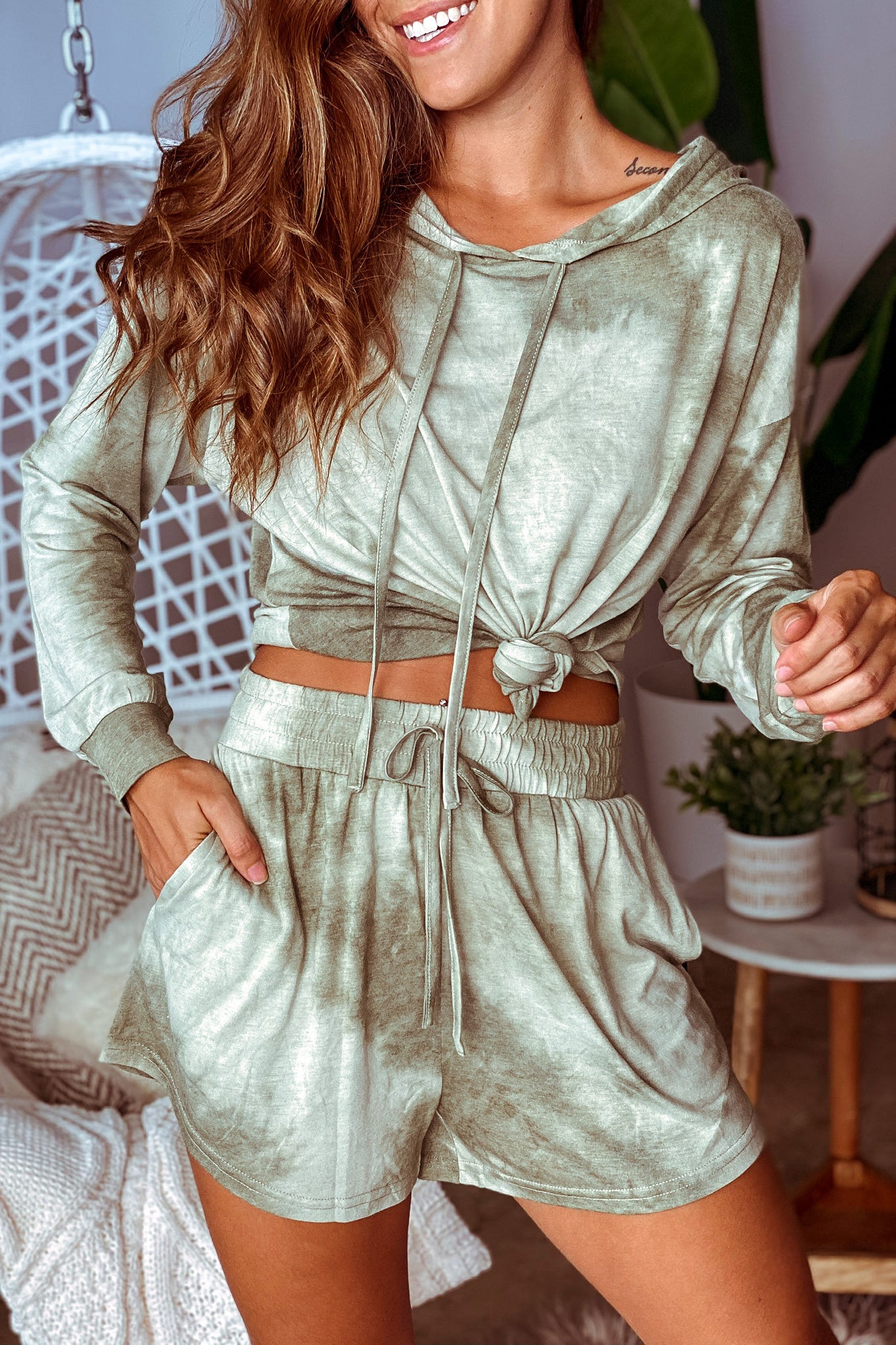 Lifestyle olive tie dye long sleeve top and shorts set