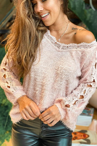 Lifestyle salmon fuzzy v-neck top with open crochet detail