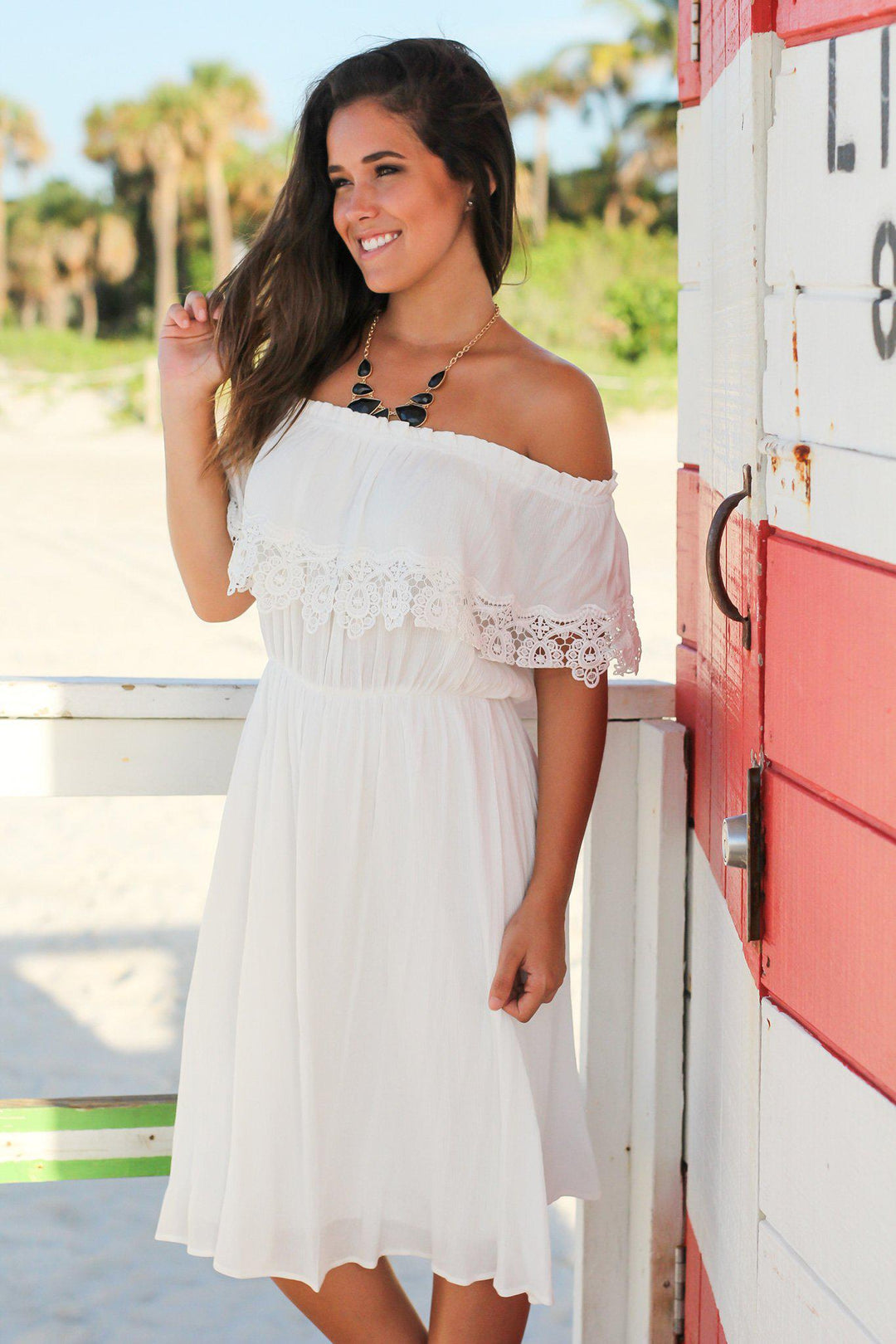 cute white off the shoulder dresses White Off Shoulder Short Dress with Lace